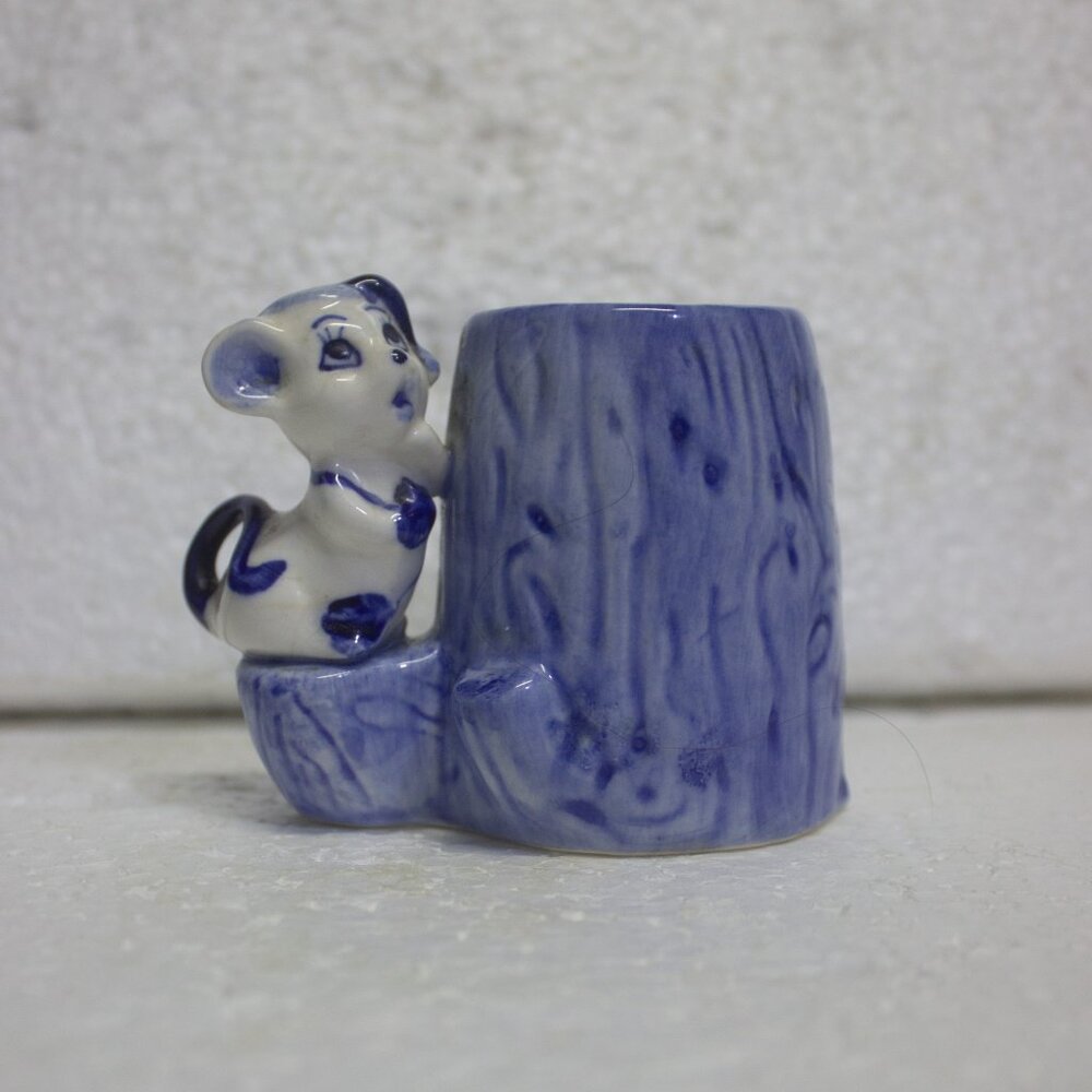 Vintage Hand Painted Blue Delft Toothpick Holder Cute Mouse Figure